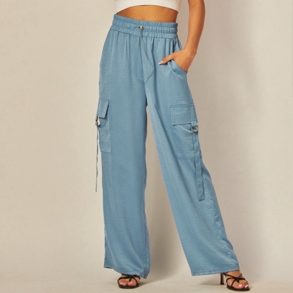 Posh Blue Wide Leg Pants with Elastic Waistband - Picture 1 of 7